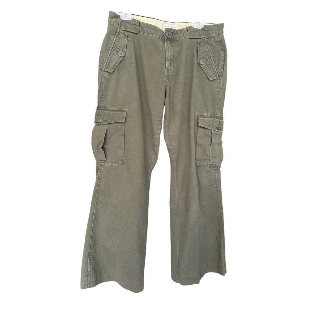 Vintage Y2K Tommy Jeans Green Flare Wide Leg Utility Cotton Cargo Pants 13 Casua